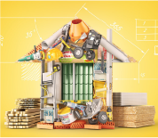 Construction tools and materials around a model house