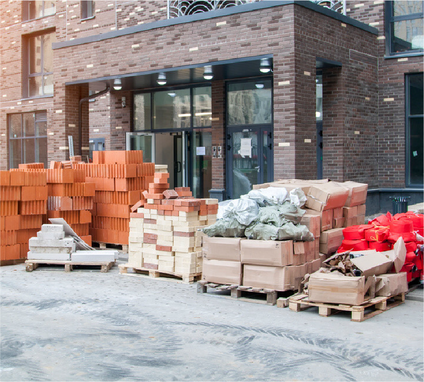 Construction materials at a building entrance